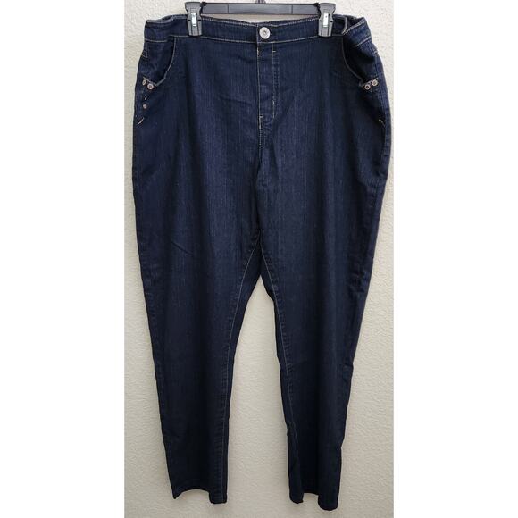 Avenue Jeans Dark Blue Pull On Flat Front Jeans 26W 28W Plus Lightweight Stretch - Picture 1 of 6